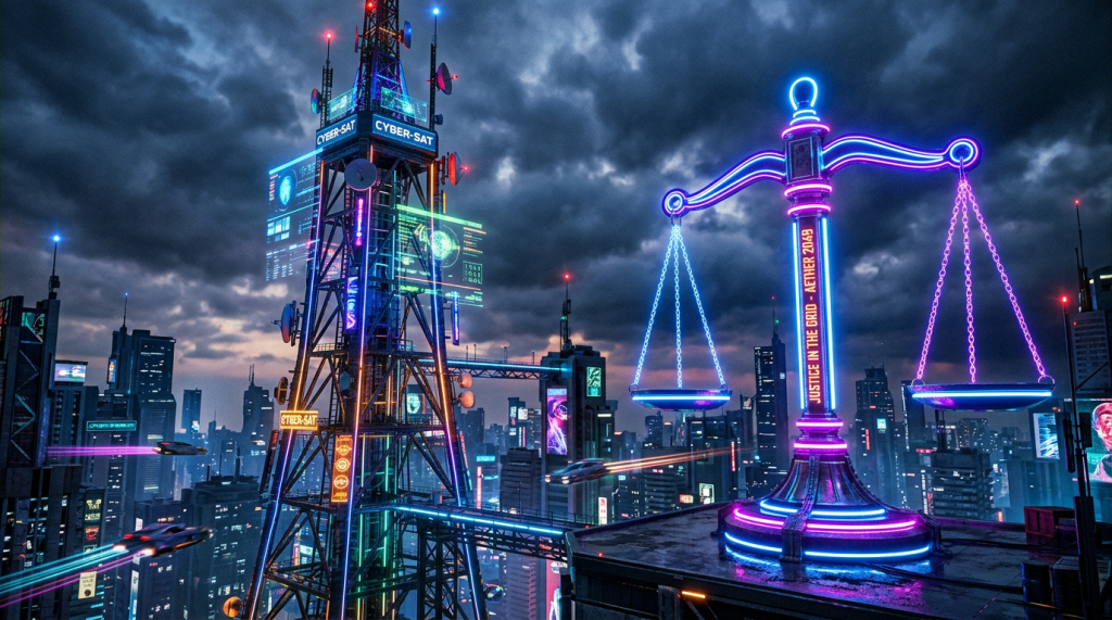 Neon scales of justice structure with digital screens in a futuristic city at dusk